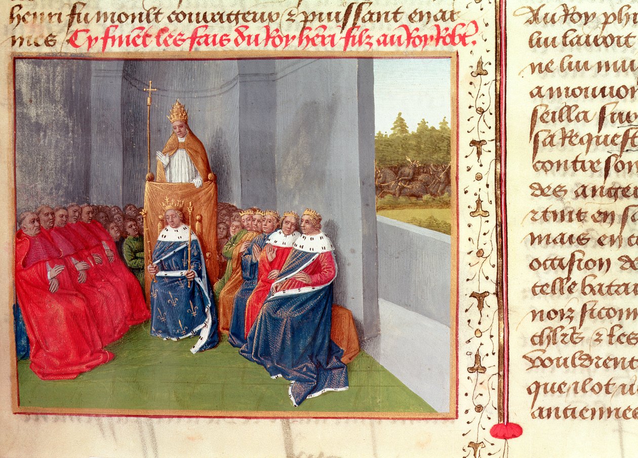 Pe. 6465 Fol.174 Urbano II (c.1035-99) Pregação da Cruzada em Clermont na presença do rei Filipe I (1053-1108) da França em 1095, de &39;Les Grandes Chroniques de France&39;, c.1460 de Jean Fouquet