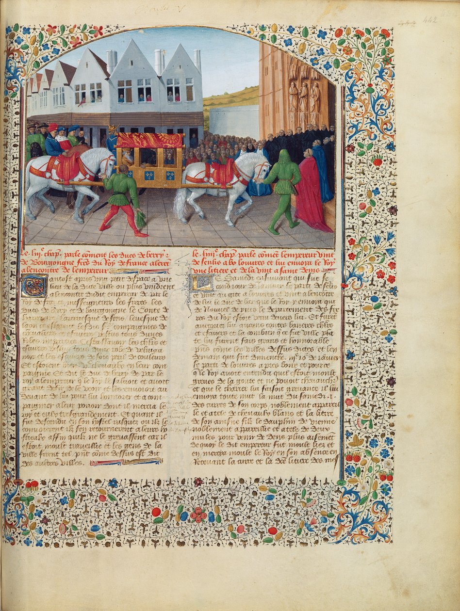 P. 6465 fol.442 Chegada do Imperador Carlos IV (1316-78) na Basílica de Saint-Denis, das Grandes Chroniques de France, c.1460 (ver também 192993) de Jean Fouquet