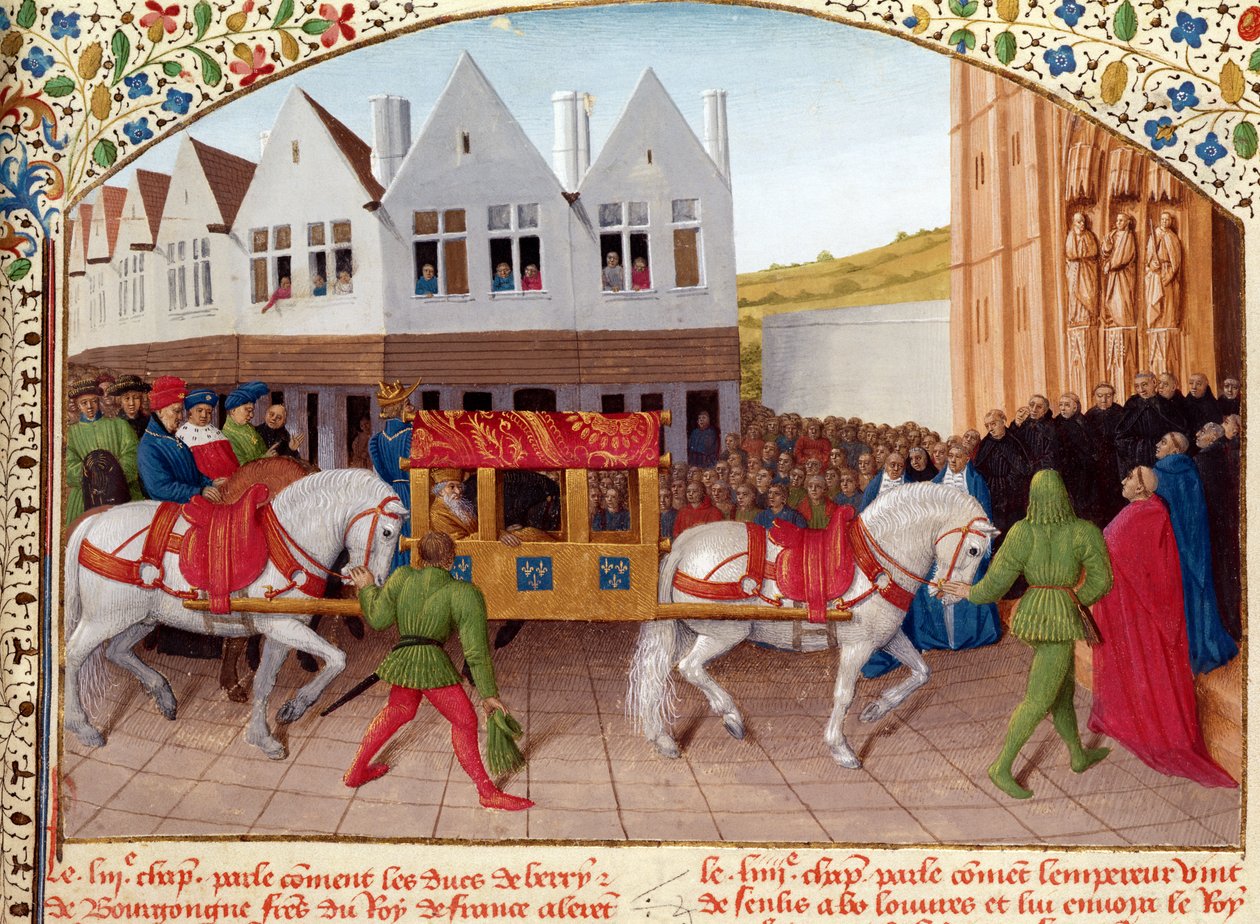 Fr. 6465 fol.442 Chegada do Imperador Carlos IV (1316-78) na Basílica de St. Denis em 1378, de &39;Les Grandes Chroniques de France&39;, c.1460 de Jean Fouquet