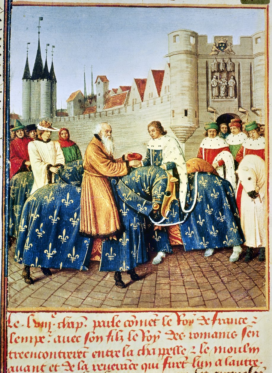 A Senhora P. 6465 segue444 Charles V (1338-80) recebendo o Imperador Carlos IV (1316-78) no Portão do Templo em Paris, em janeiro de 1378, das "Grandes Crônicas da França", c.1460 de Jean Fouquet