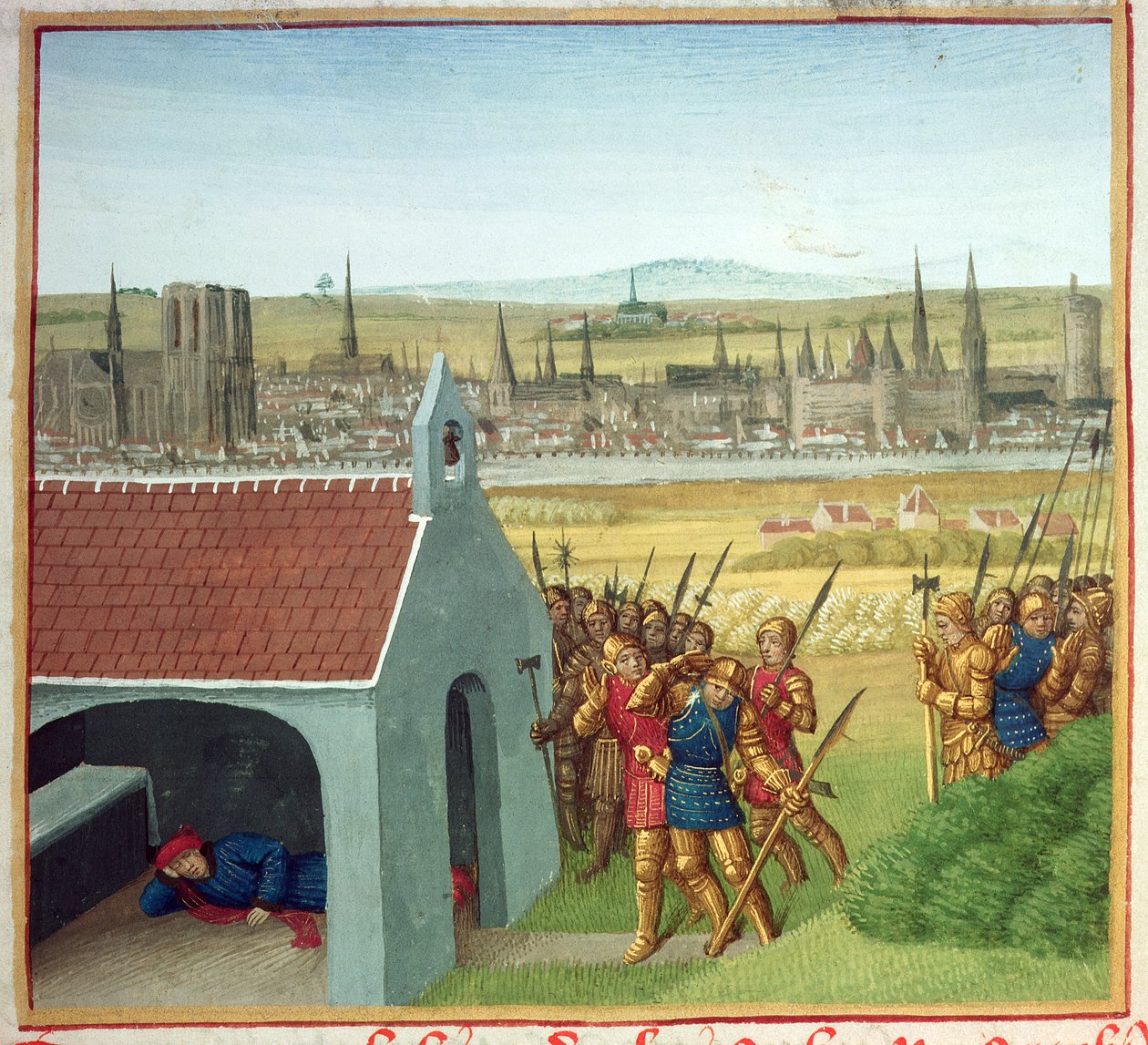 Fr. 6465 fol.57 O rei Clothar II (584-629) não pode trazer de volta seu Dagoberto I (605-39) para Paris, de "As Grandes Crônicas da França", c.1460 de Jean Fouquet