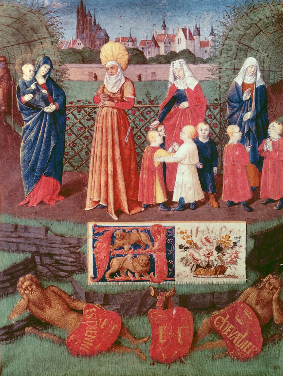 Nouv Acq Lat 1416 f.121r St. Anne com três mulheres casadas, do &39;Heures d&39;Etienne Chevalier&39;, c.1445 de Jean Fouquet