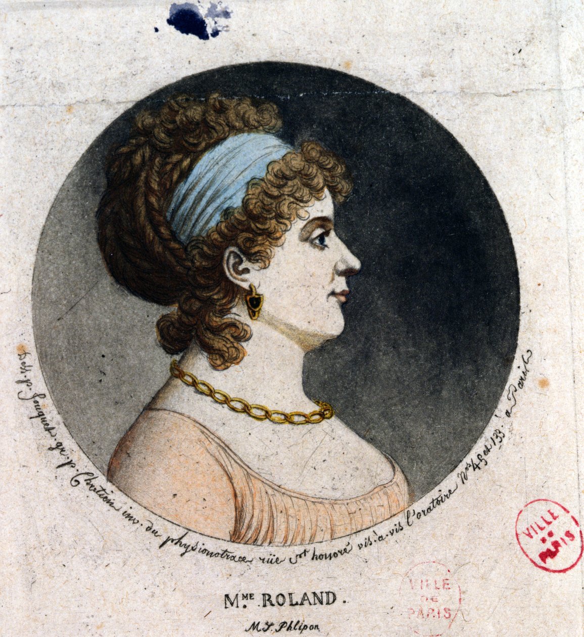 Retrato de Madame Roland (1754-93) feita pelo método do fisionotrace (gravura colorida) de Jean Fouquet
