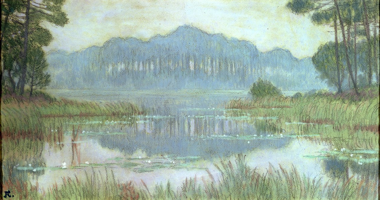 Paisagem com lagoa overgrown, c.1900 (lápis e wc no papel) de Jean Francis Auburtin