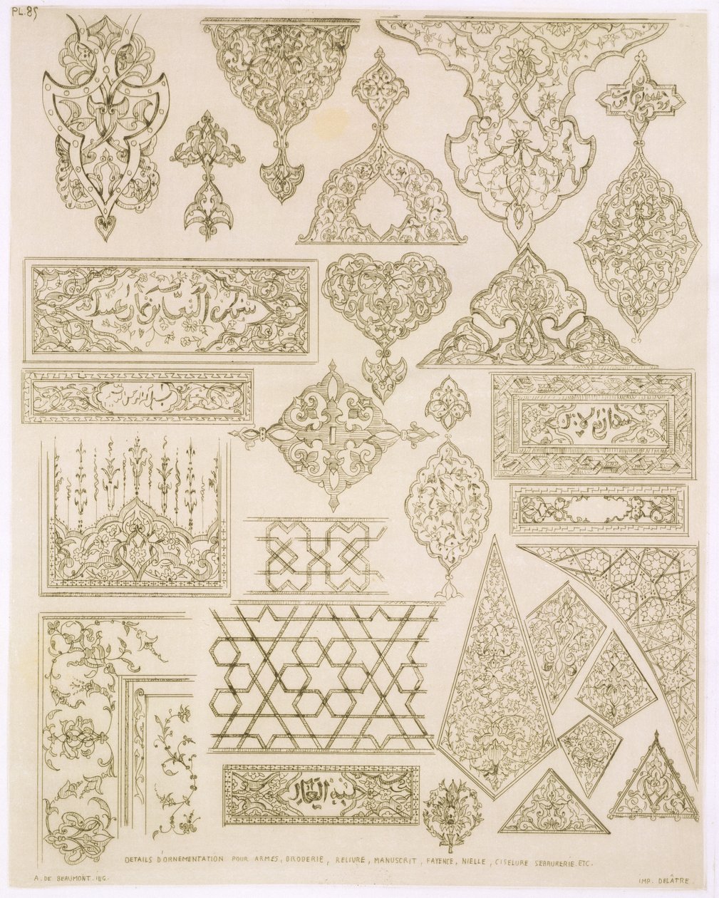 Detalhes da ornamentação de armas, bordas, manuscritos, etc., de &39;Art and Industry&39;, publicado por Delatre, Paris, 1857 de Jean Francois Albanis de Beaumont