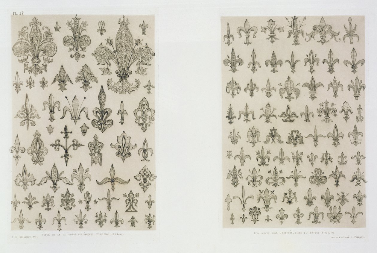 Fleur de Lys desenhos de todas as idades e de todo o mundo, de &39;Art and Industry&39;, publicado pela Delatre, Paris, 1857 de Jean Francois Albanis de Beaumont