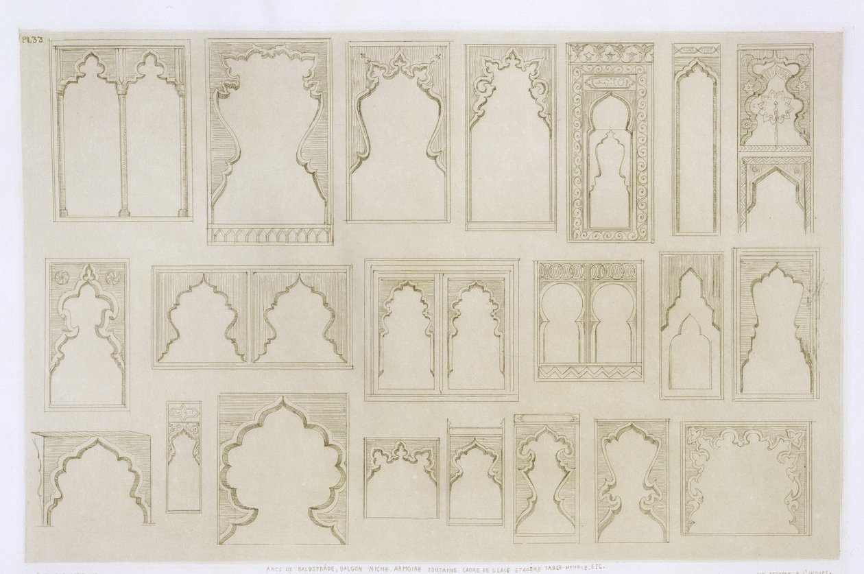 Projetos de arco islâmico e mouro para varandas, janelas, etc., de &39;Art and Industry&39;, publicado por Delatre, Paris, 1857 de Jean Francois Albanis de Beaumont