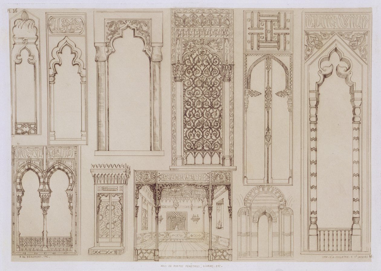 Design islâmico e mourisco para venezianas e divãs, de &39;Art and Industry&39;, publicado por Delatre, Paris, 1857 de Jean Francois Albanis de Beaumont