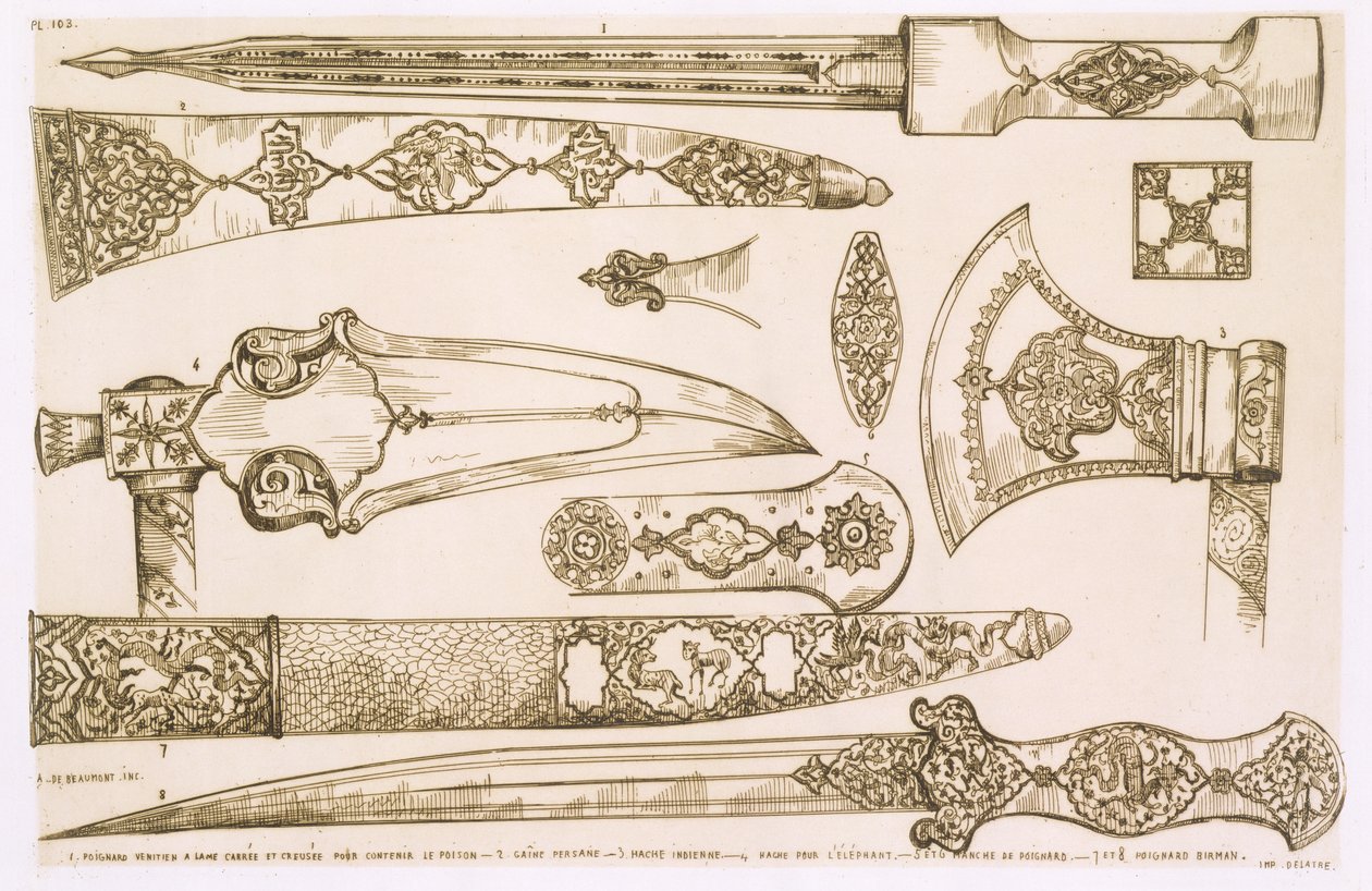 Desenhos islâmicos e mouros para lâminas de facas, de &39;Art and Industry&39;, publicado por Delatre, Paris, 1857 de Jean Francois Albanis de Beaumont