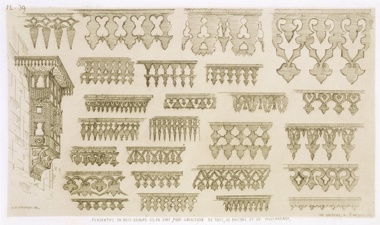 Desenhos islâmicos para decoração de cornija, varanda e mashrabiyah, de &39;Art and Industry&39;, publicado por Delatre, Paris, 1857 de Jean Francois Albanis de Beaumont