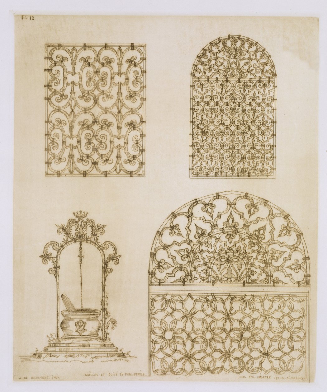 Grades islâmicas de ferro forjado para janelas e poços, de &39;Art and Industry&39;, publicadas por Delatre, Paris, Paris, 1857 de Jean Francois Albanis de Beaumont