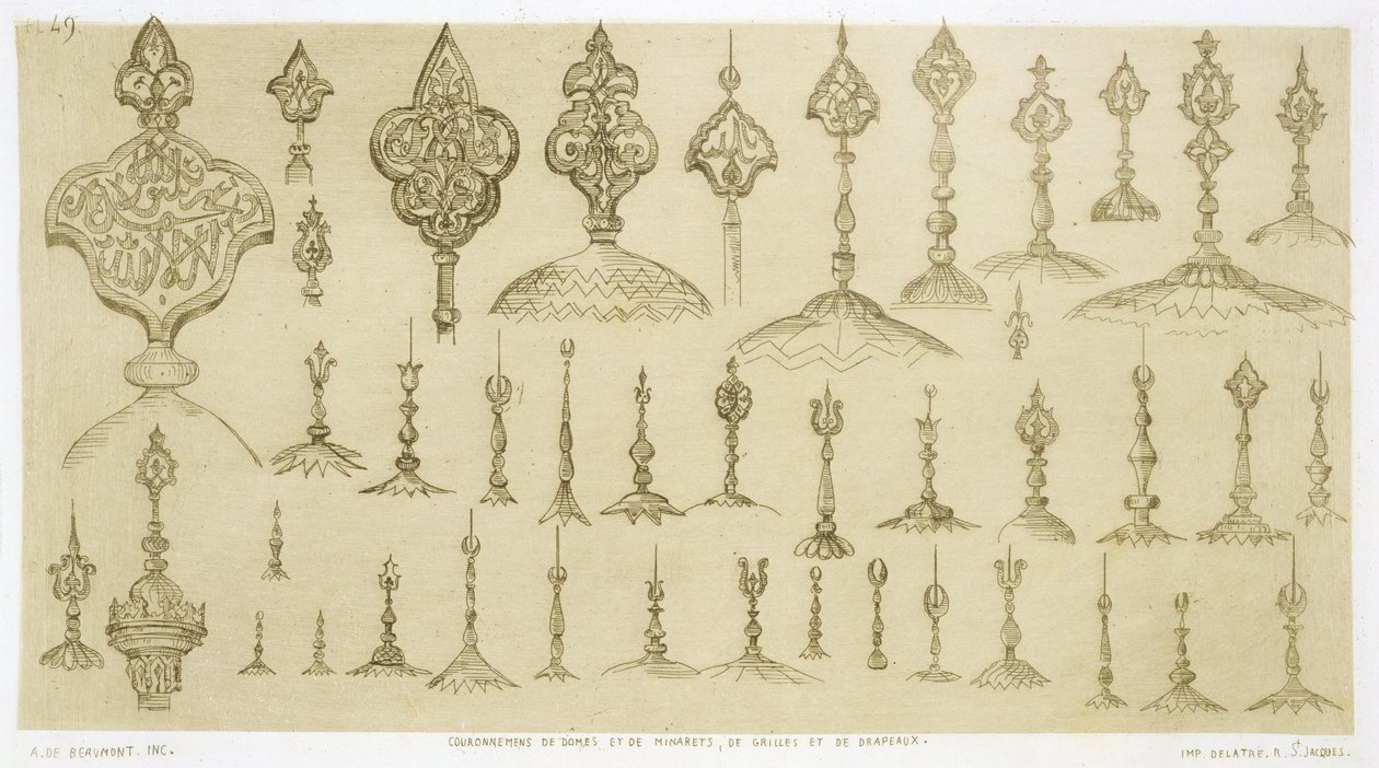 Puxadores ornamentais em forma de cúpulas e minaretes, de &39;Art and Industry&39;, publicados por Delatre, Paris, 1857 de Jean Francois Albanis de Beaumont