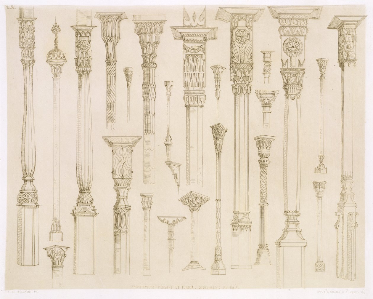 Desenhos de colunas de madeira persa e turca, de &39;Art and Industry&39;, publicado por Delatre, Paris, 1857 de Jean Francois Albanis de Beaumont