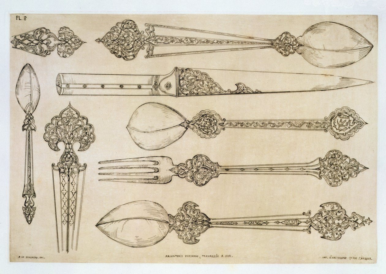 Design persa para talheres de prata todos os dias, de &39;Art and Industry&39;, pubilshed por Delatre, Paris, 1857 de Jean Francois Albanis de Beaumont