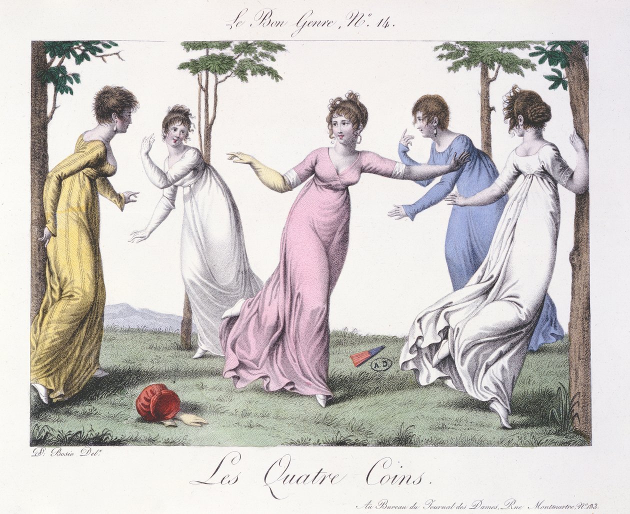 &39;Les Quatre Coins&39;, ilustração de &39;Le Bon Genre&39;, início do século XIX (gravura a cores) de Jean Francois Bosio