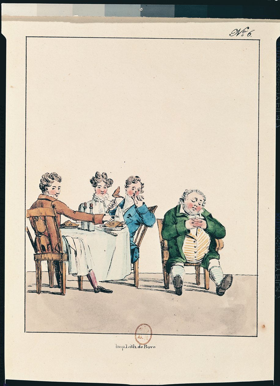 &39;Qui dort dine&39;, caricatura de um homem dormindo depois do jantar de Jean Francois Garneray