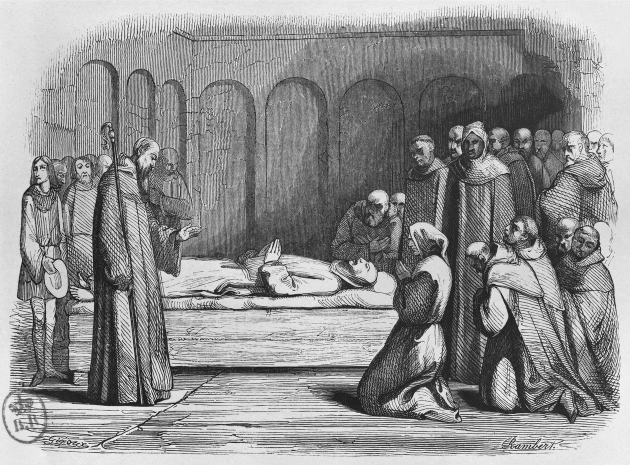 Morte de Abelardo, ilustração de "Lettres d&39;Heloise e d&39;Abelard", 1839 de Jean Francois Gigoux