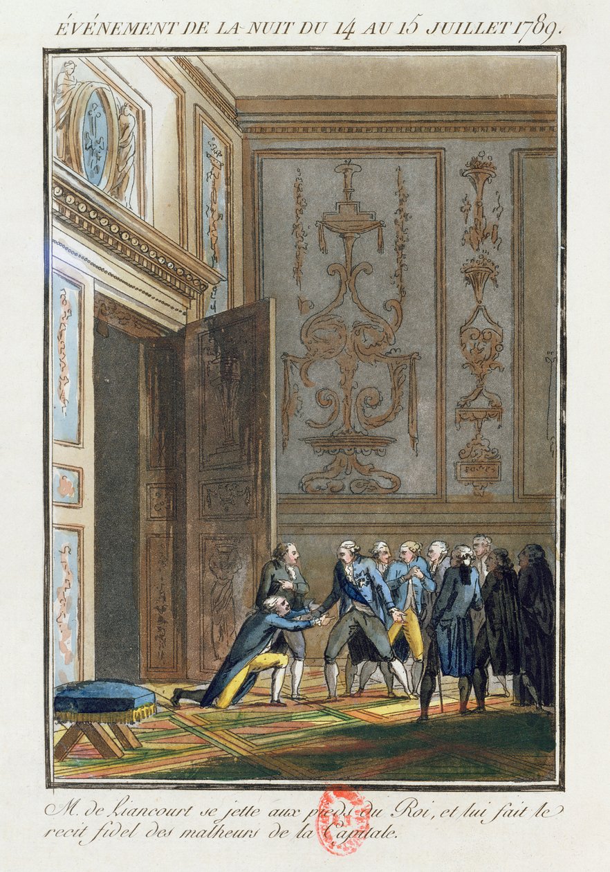 Monsieur de Liancourt (1747-1827) que conta a Luis XVI (1754-1793) em Versalhes sobre os acontecimentos em Paris, em 14 de julho de 1789 de Jean Francois Janinet