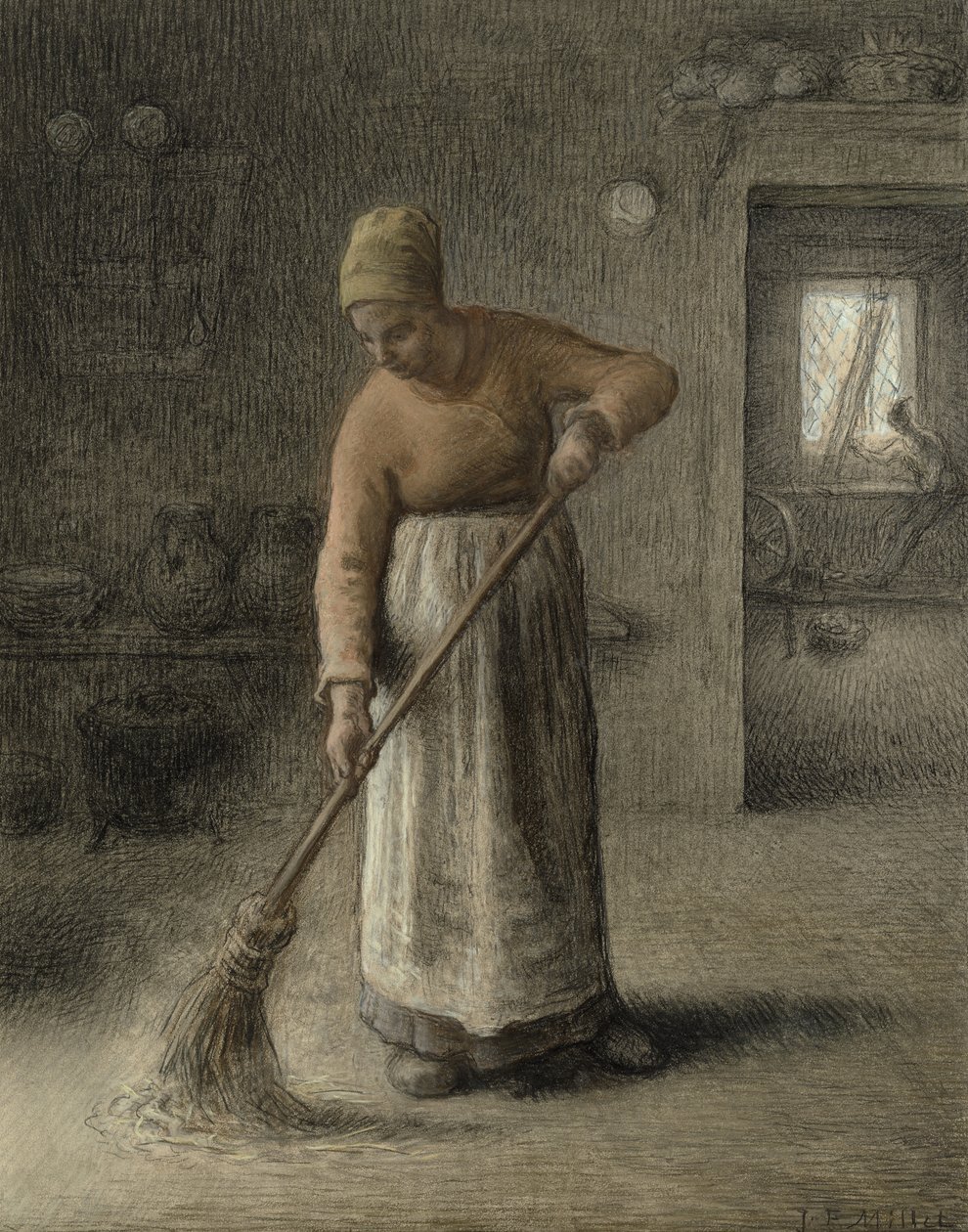 A esposa de um fazendeiro varrendo, 1867 (pastel em papel pardo) de Jean Francois Millet