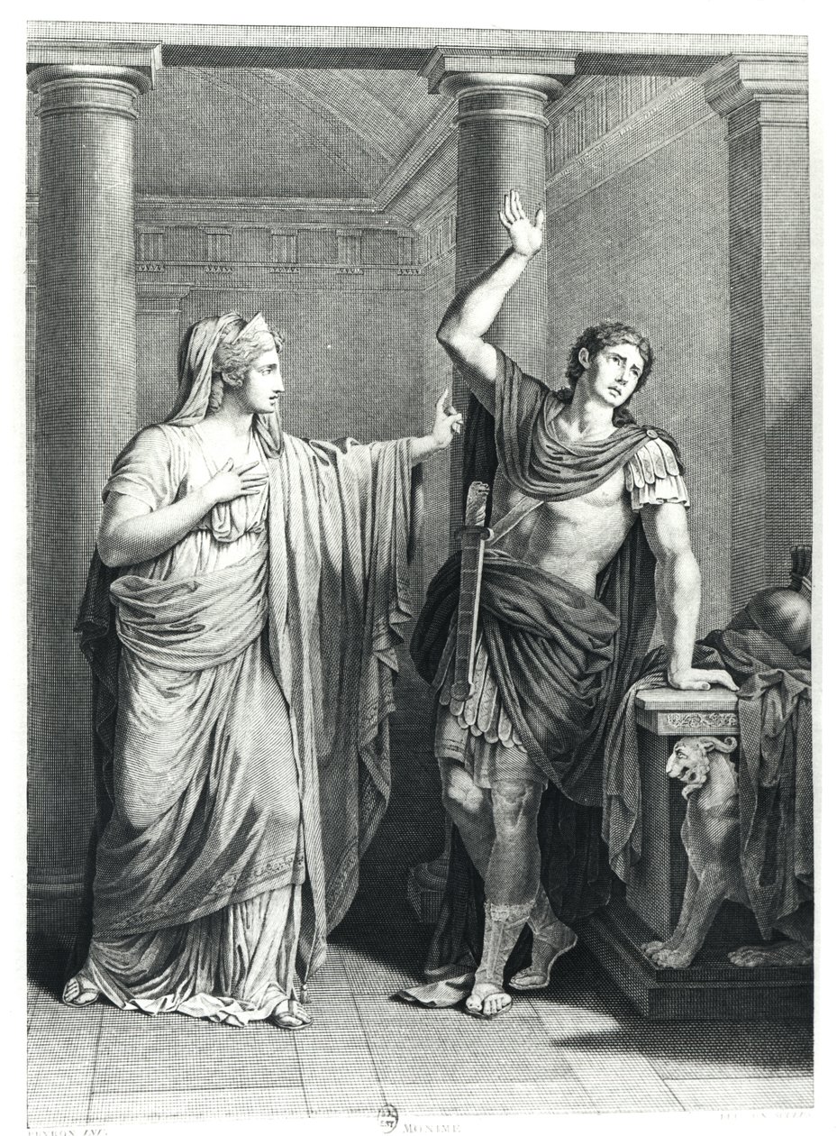 Monime e Xiphares, ilustração de &39;Mithridate&39; por Jean Racine (1639-99) gravada por Beisson de Jean François Pierre Peyron
