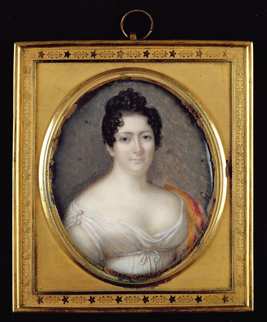 Mademoiselle Mars (1779-1847) 1819 (óleo em marfim) de Jean Francois Strasbeaux