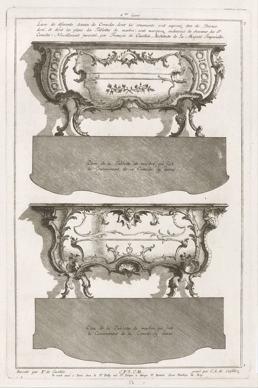 Dois designs diferentes de Comodos de Jean François Cuvilliés