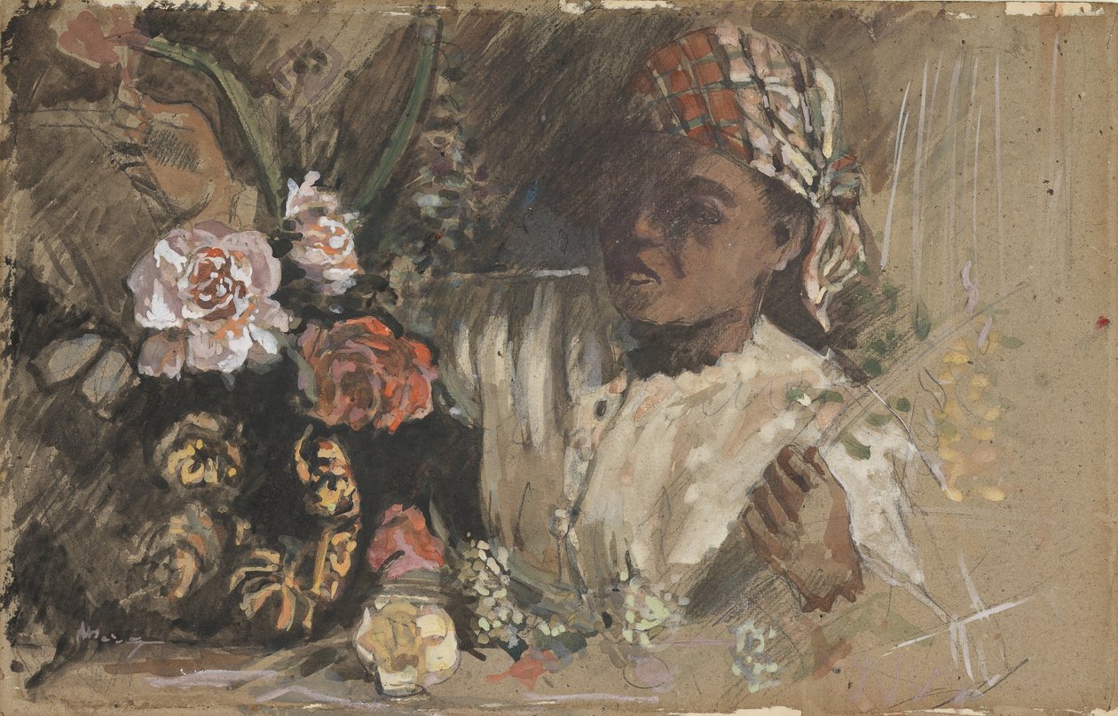 Mulher negra com peônias, c.1870 (wc, guache, giz e grafite no cartão) de Jean Frederic Bazille