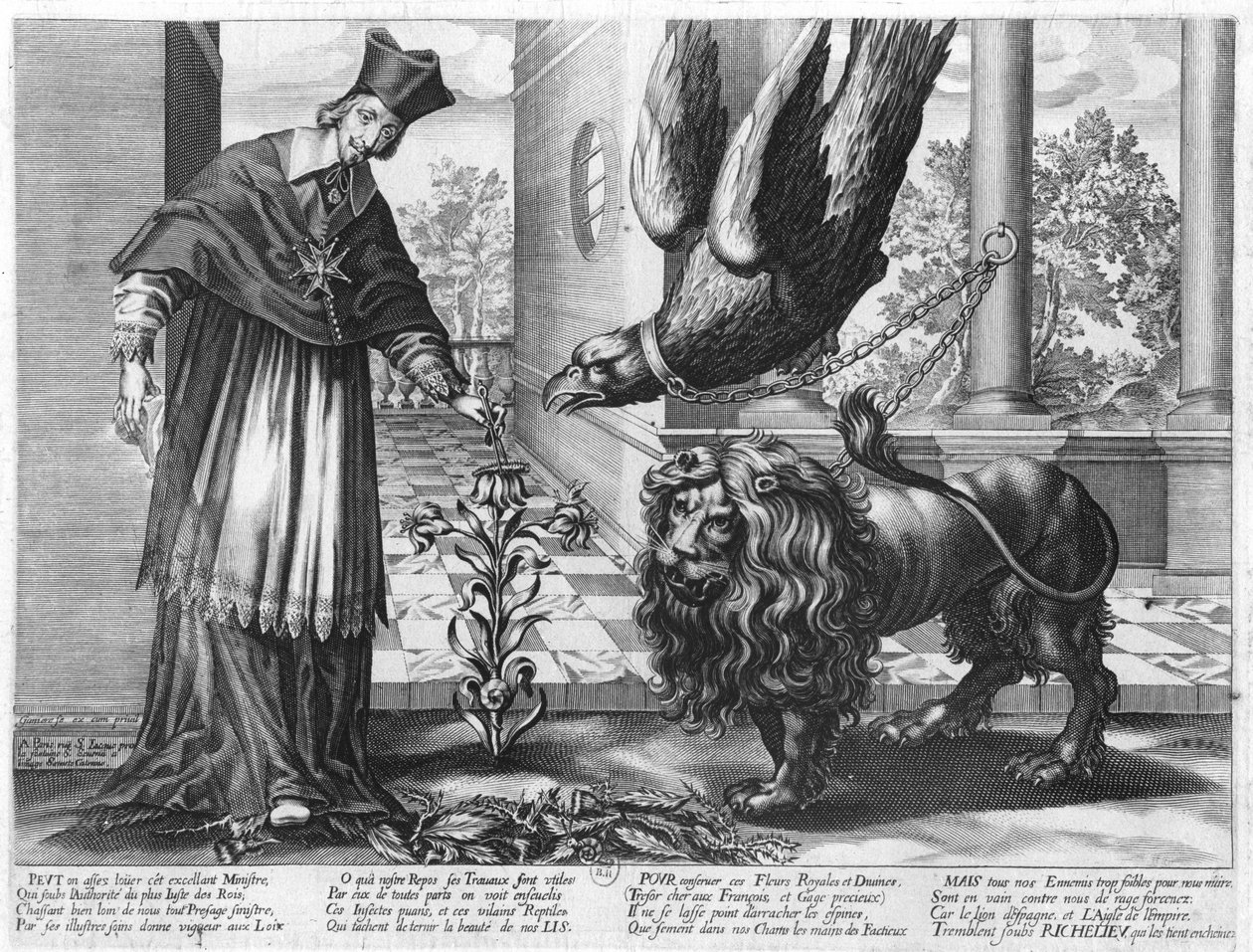 Alegoria em louvor do Cardeal Richelieu (1585-1642) lutando contra a Áustria (a águia) Espanha (o leão) e os inimigos dentro da França (as lagartas) 1628 de Jean Ganiere or Gagniere
