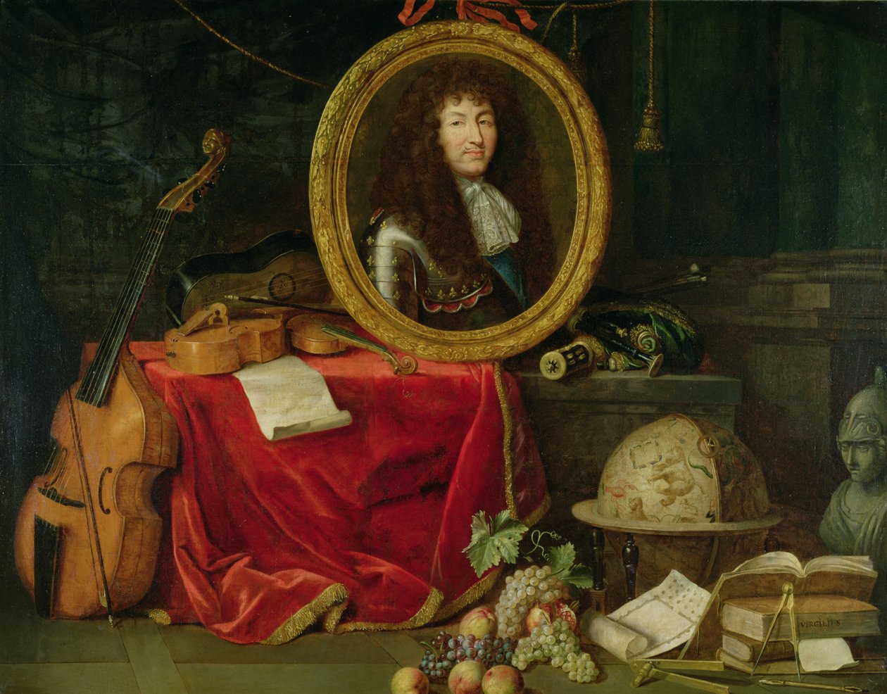 Natureza morta com retrato do rei Luís XIV (1638-1715) rodeado de instrumentos musicais, flores e frutas, 1672 de Jean Garnier