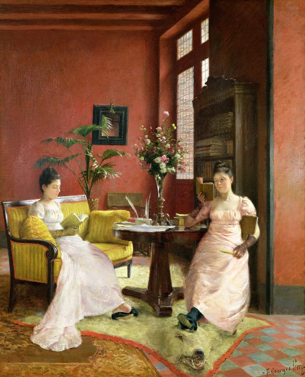 Duas mulheres, leitura, em, um, interior de Jean Georges Ferry