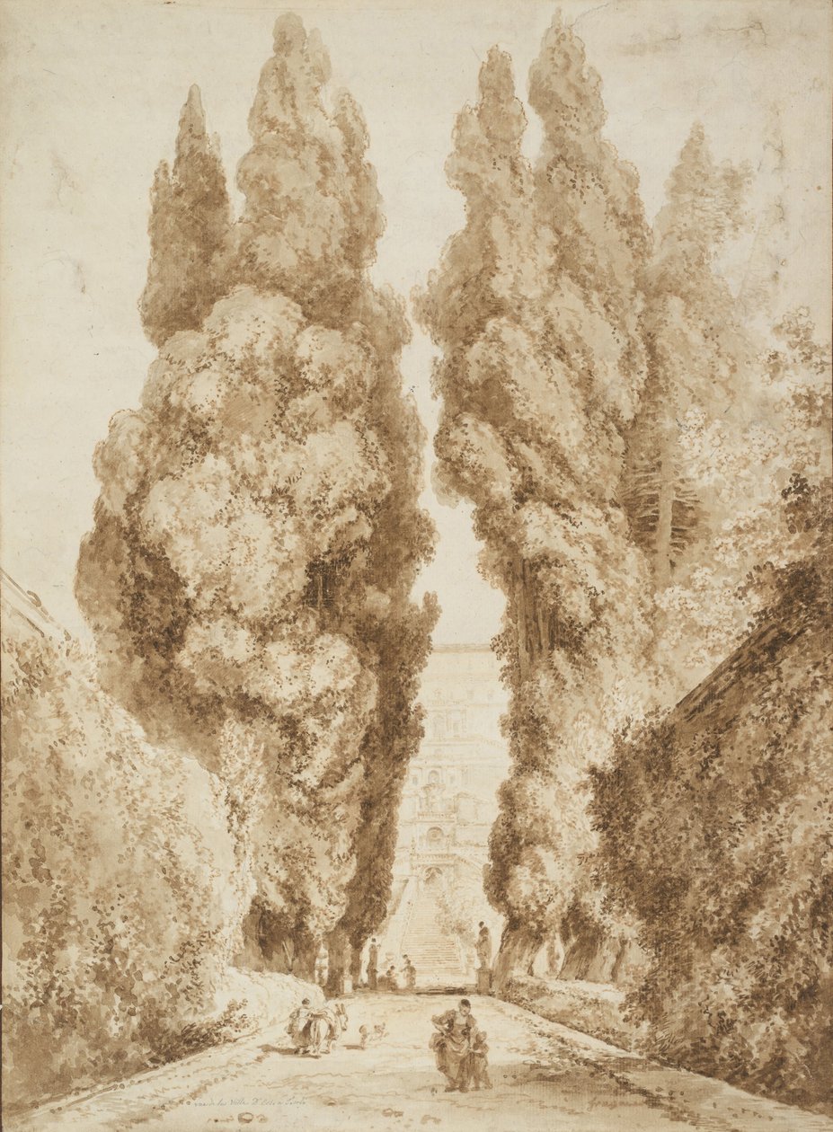 Avenida Cypress na Villa d&39;Este em Tivoli, 1774 de Jean Honore Fragonard