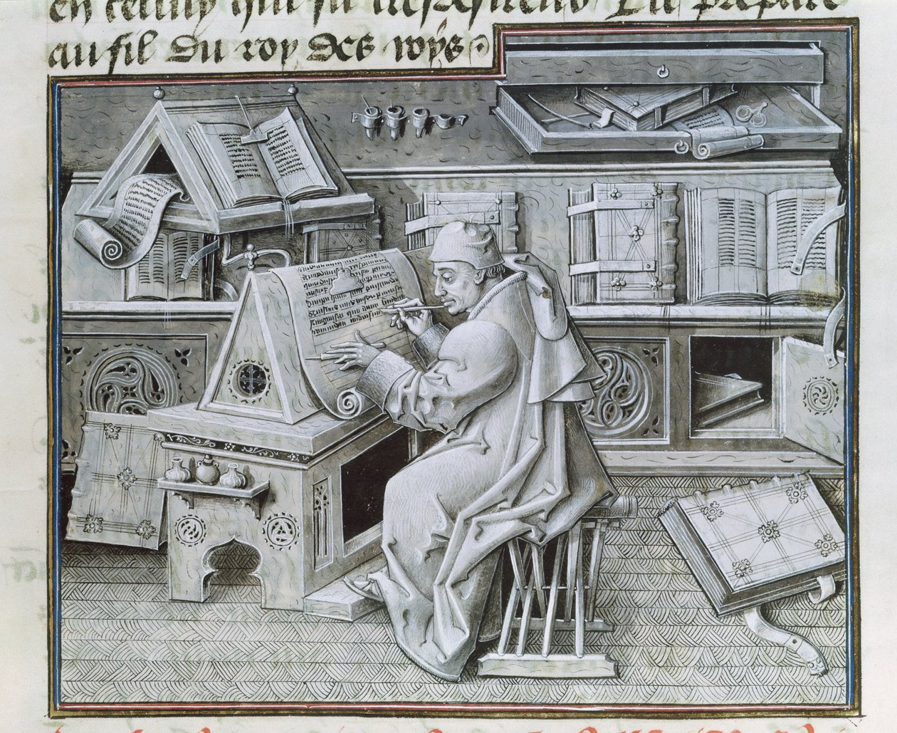 9198 f.19 O copista Jean Mielot (fl.1448-68) trabalhando em seu scriptorium, de &39;Life and Miracles of the Virgin&39; de Jean I Le Tavernier
