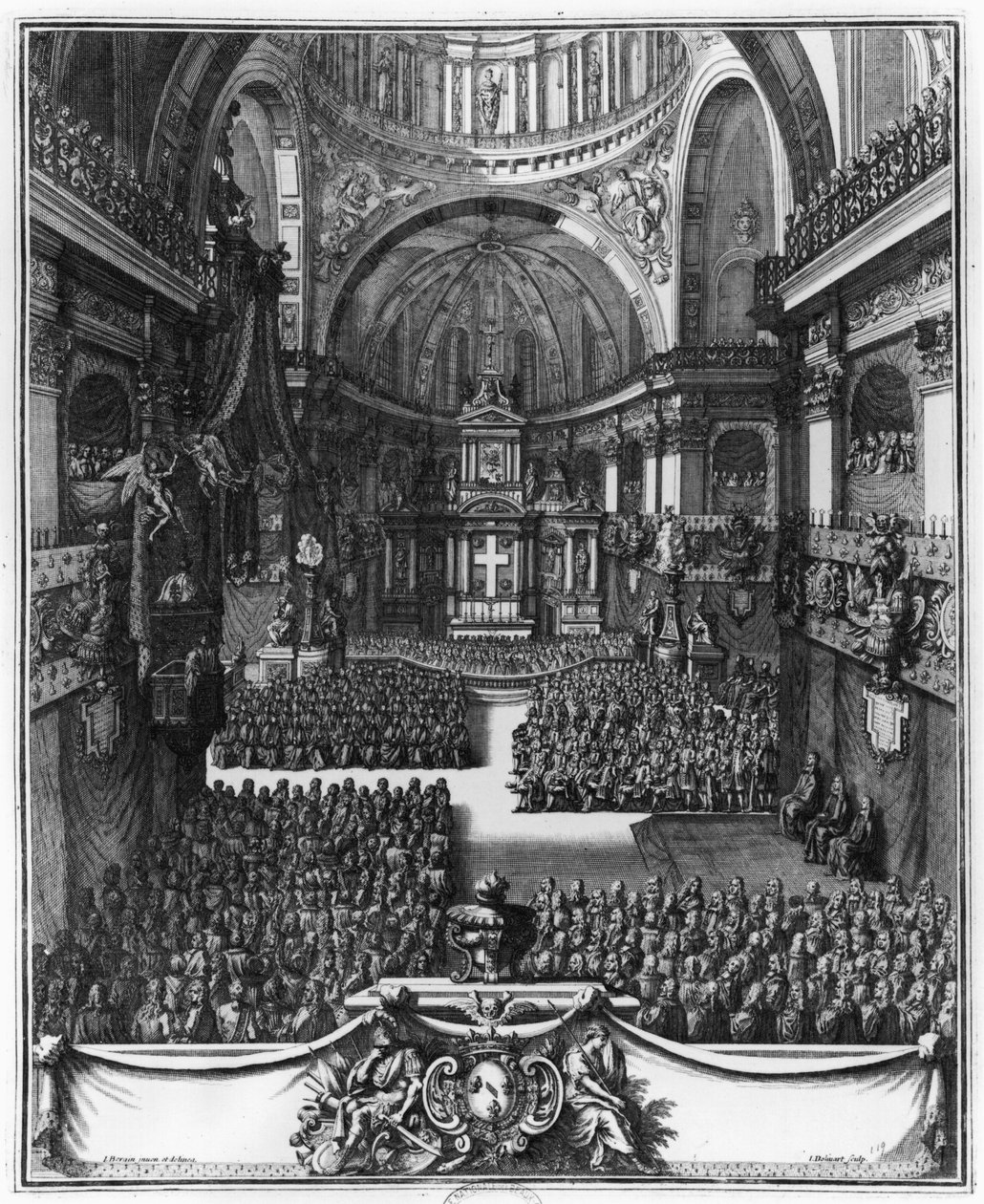 Funeral de Marie-Louise d&39;Orleans (1662-1689) Rainha da Espanha, na igreja St. Paul St. Louis, Paris, ilustração de "Recueil d&39;ornements", gravada por Juan Dolivar (1641-1692) final do século XVII (engr de Jean II Berain