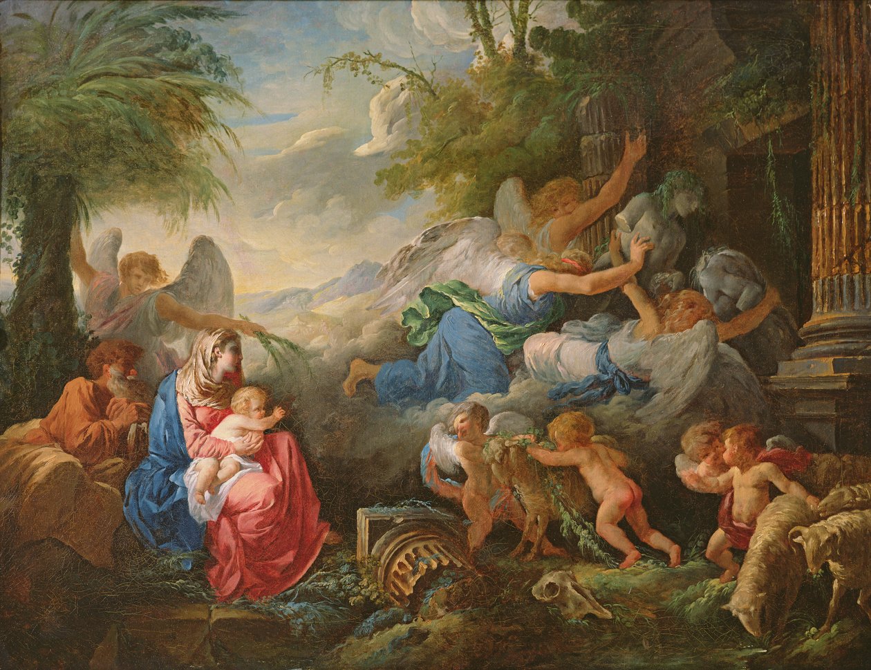 A queda dos ídolos e o descanso na fuga para o Egito, c.1775 de Jean Jacques II Lagrenee