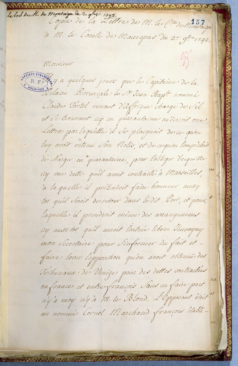 Carta escrita por Jean-Jacques Rousseau enquanto secretário do embaixador francês em Veneza, outubro de 1743 de Jean Jacques Rousseau