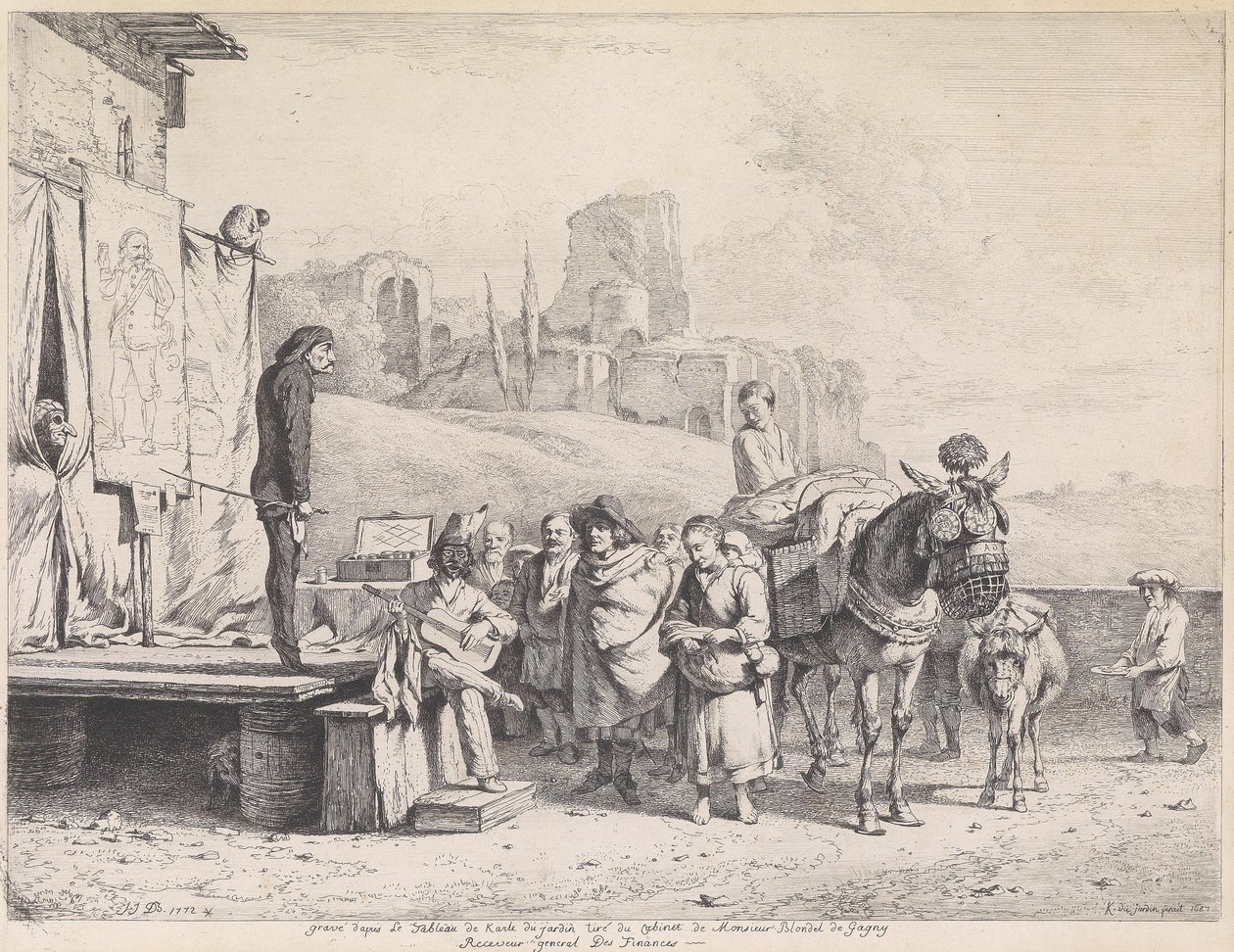 Caravana de teatro em uma paisagem italianizada com ruínas de Jean Jacques de Boissieu