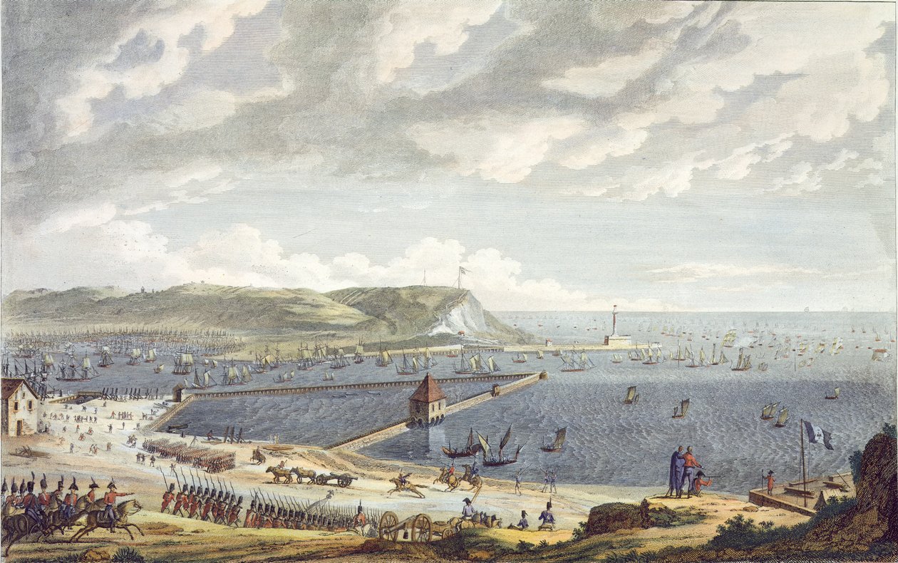 Vista do porto e o Estreito de Boulogne na partida da flotilha, 16 de agosto de 1803, gravado por Louis Francois Couche (1782-1849) (aquatint) de Jean Jerome Baugean