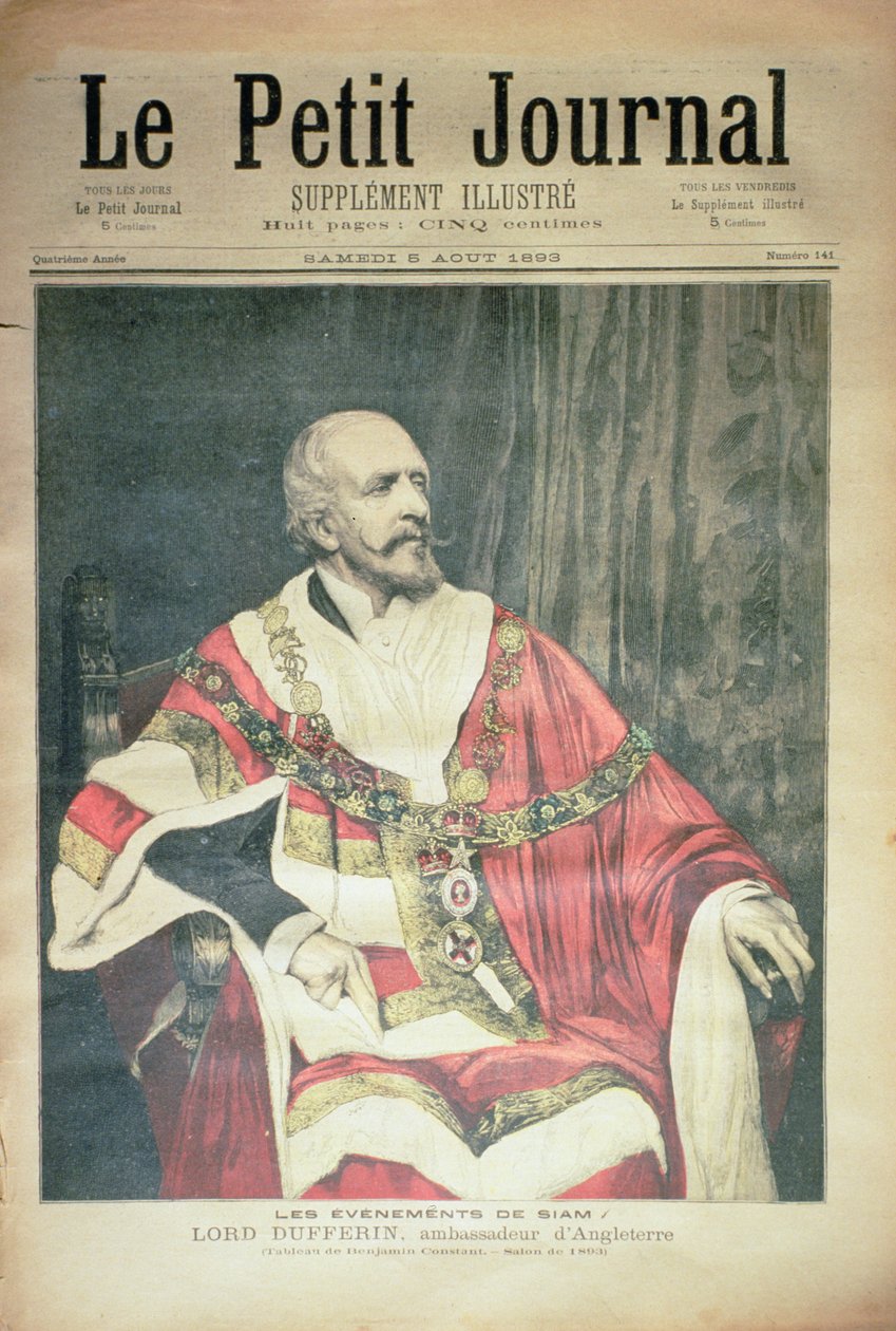 Eventos em Siam: Lord Dufferin, o embaixador britânico, capa do &39;Le Petit Journal&39;, 5 de agosto de 1893 de Jean Joseph Benjamin Constant