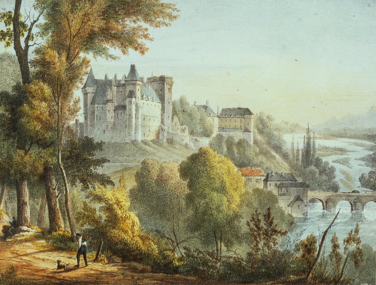 Vista da ponte em Jurancon e Chateau Pau, gravada por Gerard Rene Le Vilain (1740-1836) de Jean Joseph Jules Defer