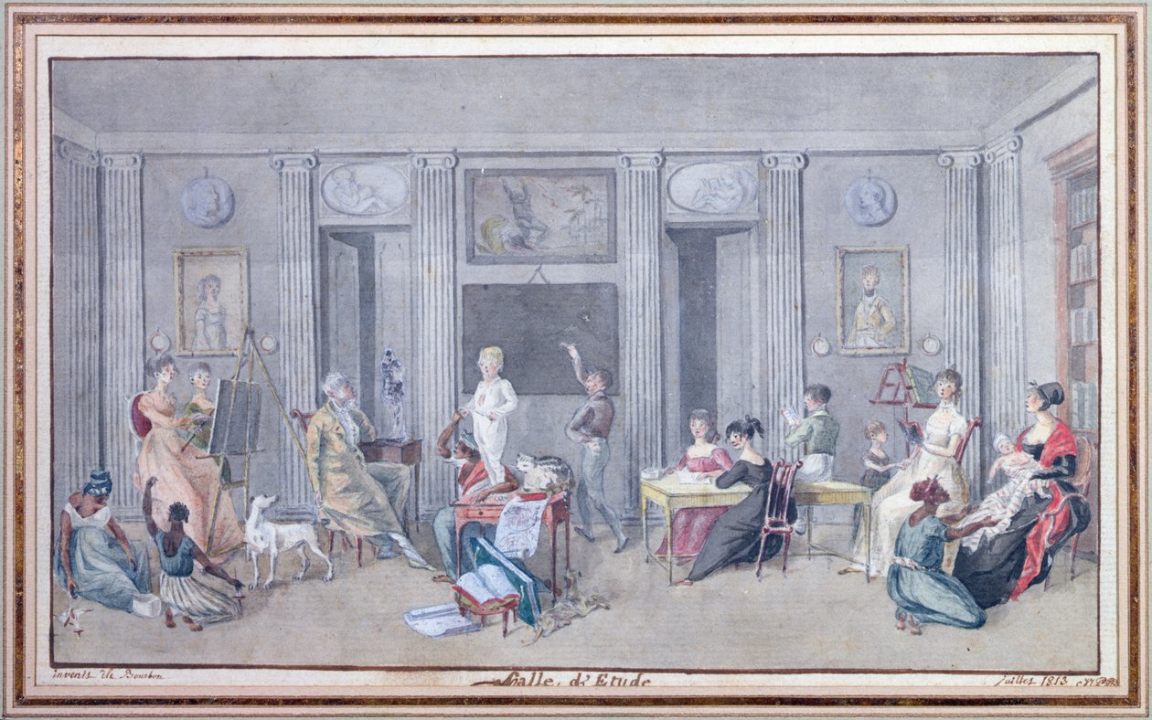 Família em uma sala de estudo na Ile de La Reunion, 1813 de Jean Joseph Patu de Rosemont