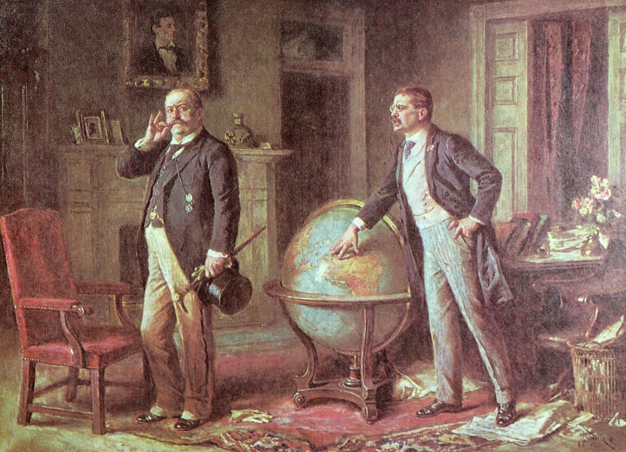 Presidente Theodore Roosevelt dos Estados Unidos da América e o alemão Kaiser Wilhelm II, na disputa pelo Bloqueio Alemão da Venezuela, 1902 de Jean Leon Gerome Ferris