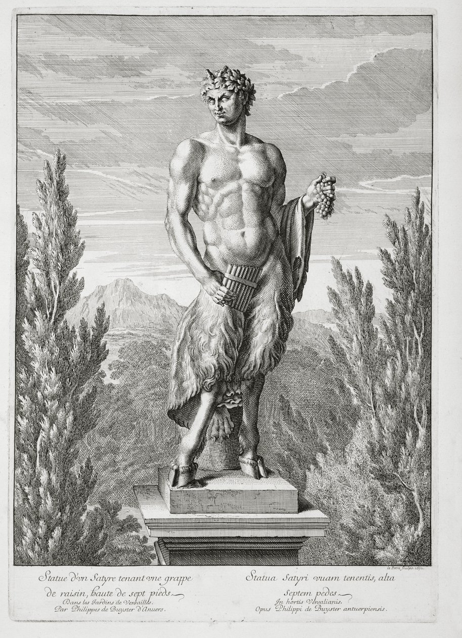 Estátua de um sátiro segurando um cacho de uvas, Versailles, 1672, de &39;Vues et Plans de Versailles&39;, publicado c.1672-89 de Jean Lepautre