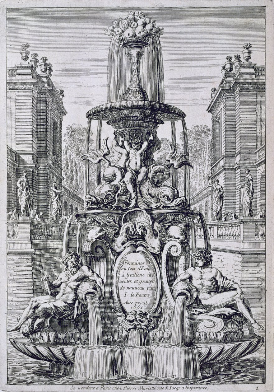 Página de rosto de &39;Fountain and Waterjets in the Italian Style&39;, publicada em 1661 de Jean Lepautre
