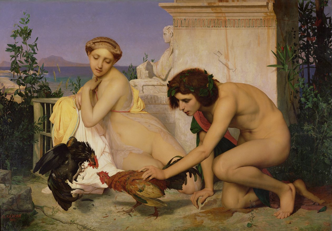Gregos jovens incentivando os galos a lutar, 1846 de Jean Leon Gerome