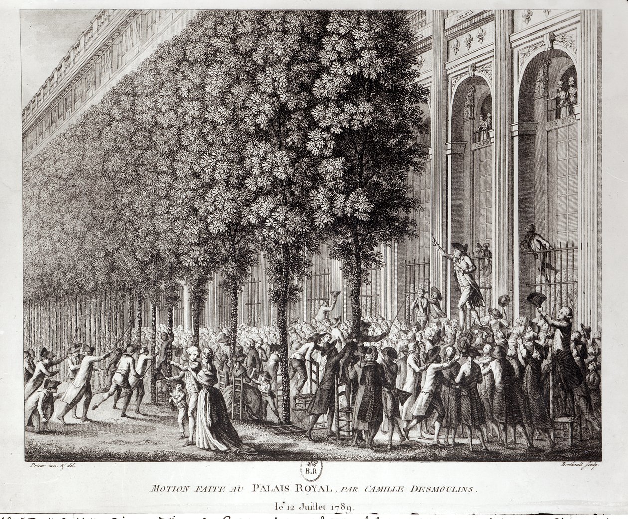 Camille Desmoulins (1760-94) Falando no Palais Royal, em 12 de julho de 1789, gravado por Pierre Gabriel Berthault (1737-1831) de Jean Louis the Younger Prieur