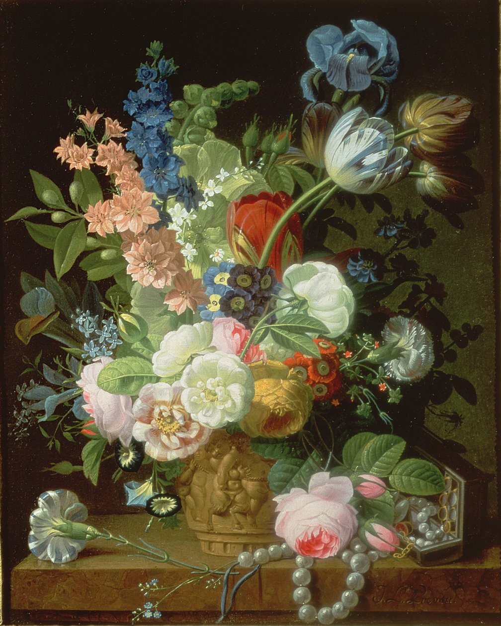Uma natureza morta de rosas, tulipas, cravos, ações e outras flores em uma urna decorativa, descansando em uma borda de pedra de Jean Louis Prevost