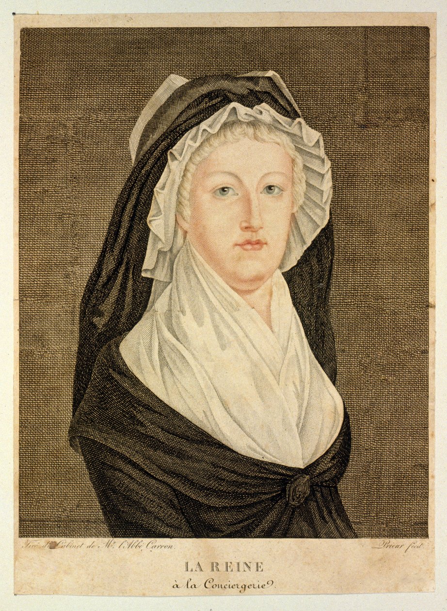 A rainha em uma cela de prisão na Conciergerie, pub. 1794 (gravura colorida à mão) de Jean Louis the Younger Prieur