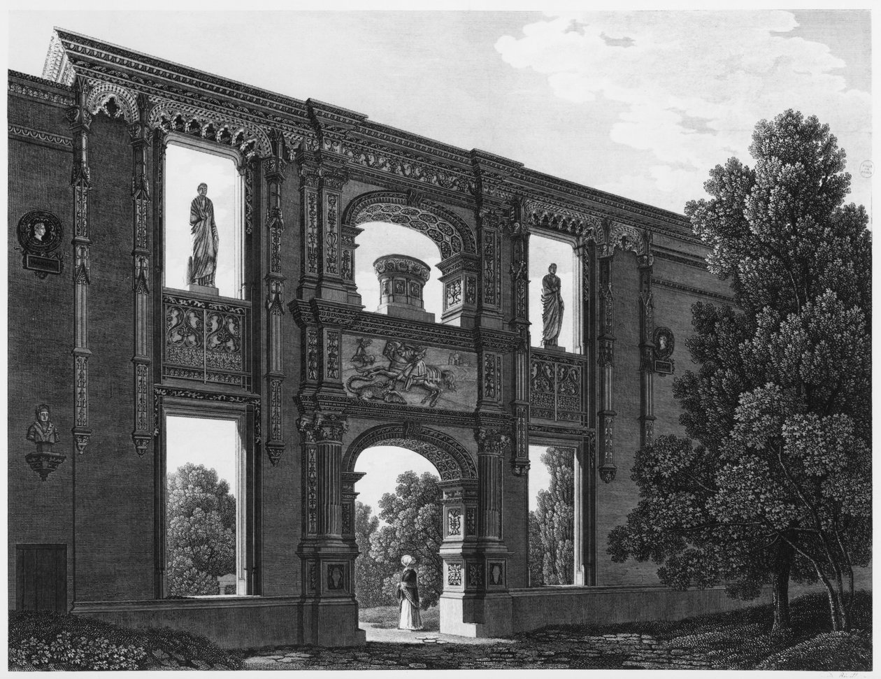 Arco de Gaillon, Museu dos Monumentos Franceses, Paris, ilustração de &39;Pitorescas vistas e perspectivas dos quartos do Museu dos Monumentos Franceses e das principais obras ...&39;, gravada por Jean B de Jean Lubin Vauzelle