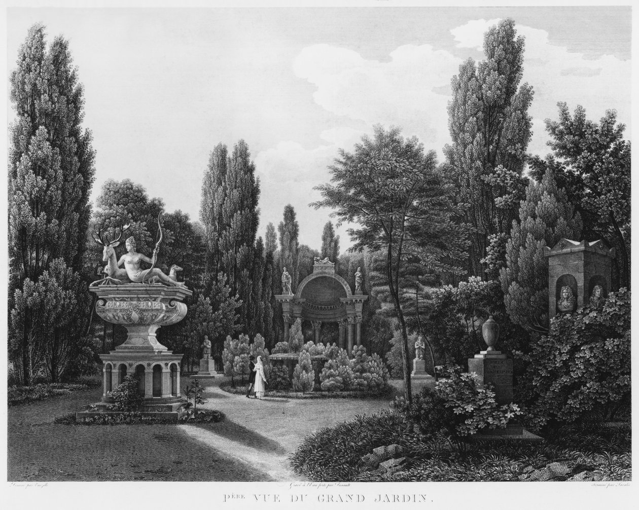 Primeira vista do grande jardim, Museu de monumentos franceses, Paris, ilustração de &39;vistas pitorescas e perspectivas dos quartos do Museu de monumentos franceses e as principais obras ...&39;, eng de Jean Lubin Vauzelle