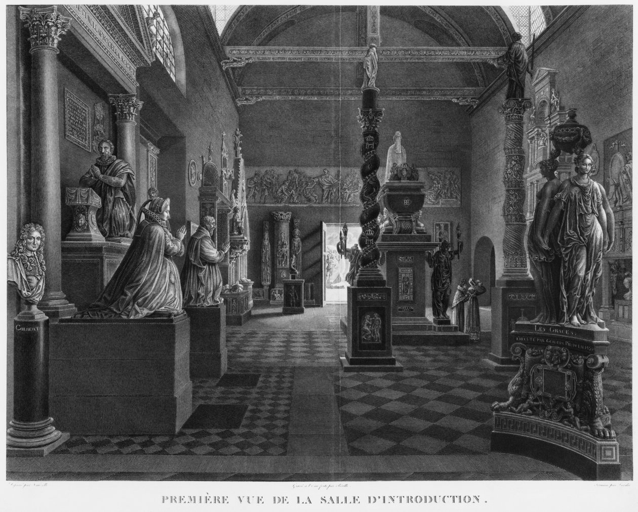 Primeira vista da sala de introdução, Museu dos monumentos franceses, Paris, ilustração de "vistas pitorescas e perspectivas dos quartos do Museu de monumentos franceses e grandes obras ..." de Jean Lubin Vauzelle